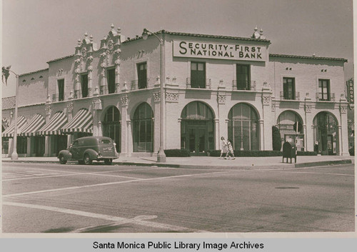 Security First National Bank in the Pacific Palisades Business Block as seen from the corner of Antioch Street and Swarthmore Avenue