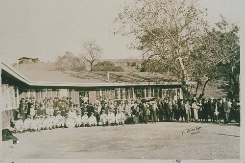 Pacific Palisades Band and others gathered in front of the dining hall at Institute Camp in Temescal Canyon, Calif