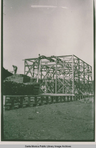 Men working at the Construction Center in the Assembly Camp in Temescal Canyon, Calif