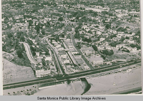 Aerial view looking down on Santa Monica Canyon and Pacific Coast Highway, May 29, 1953