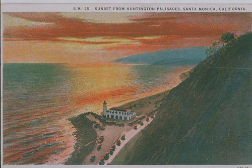 Pacific Coast Highway and the lighthouse from the bluffs of Pacific Palisades at sunset