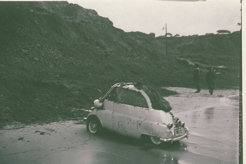 Scene of a BMW Roadster accident caused by a landslide on Pacific Coast Highway