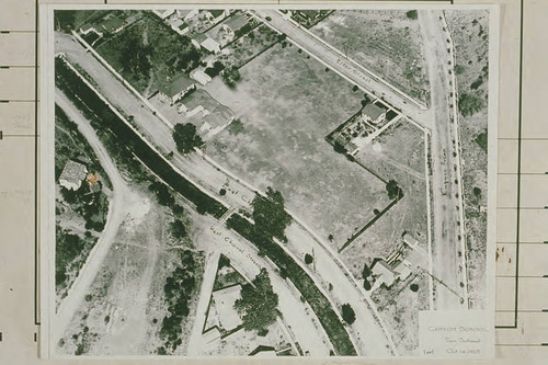 Aerial view of Santa Monica Canyon showing the Canyon School site, October 14, 1925