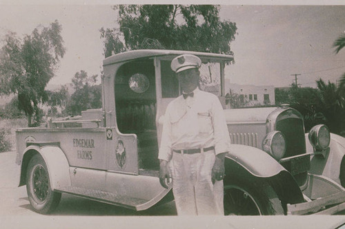 Edgemar Farms milkman H.B. Taylor and delivery truck in Pacific Palisades, Calif