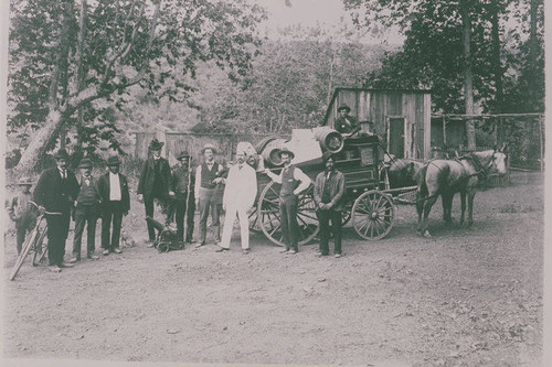 Horse and wagon (with dynamite crew?) in Temescal Canyon, Calif