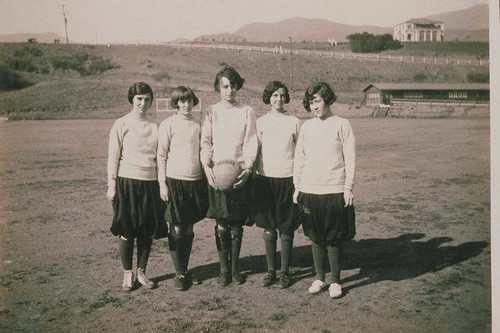 The 1924 Pacific Palisades girls' basketball team (Left to right: Nellie Henderson, Lucile Vore, Gertrude Moore (Captain), Bessie Merritt, Mabel Loren)