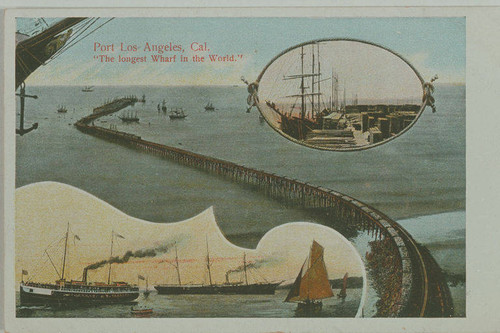 Three views of the Long Wharf and fishing boats in Santa Monica Bay