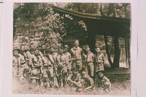 Boy Scouts in front of Will Rogers Getaway Cabin on the ranch at Rustic Canyon