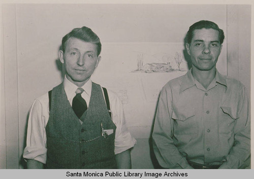 Two unidentified men standing in front of an architectural drawing, Pacific Palisades, Calif