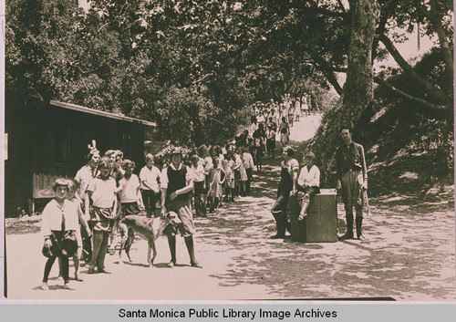 Hiking group assembed under the oak trees at the Assembly Camp in Temescal Canyon, Calif