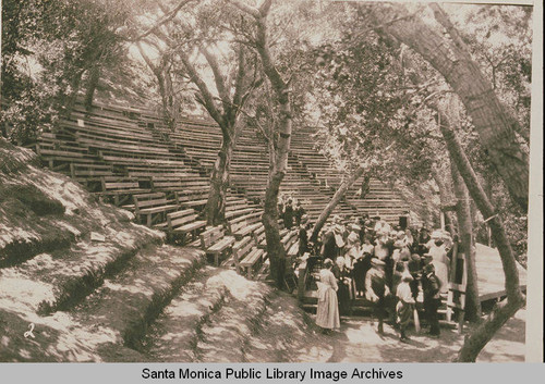 Gathering at amphitheater under the oaks and sycamores at the Institute Camp,Temescal Canyon, Calif