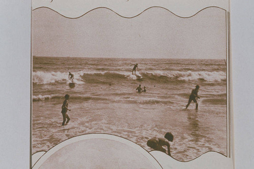 Surfers ride waves at Santa Monica Beach appearing in an article for "Pictorial California Magazine."