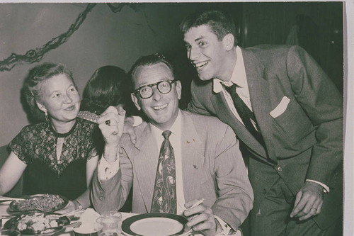 Comedian Jerry Lewis (right) with Chamber of Commerce members at the dinner party celebrating his induction as Honorary Mayor of Pacific Palisades, Calif