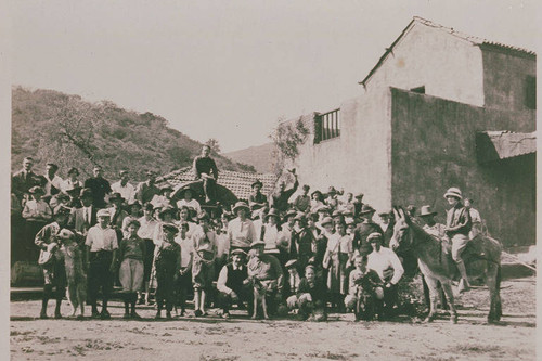 Cast and crew on a movie set in Las Pulgas Canyon, Calif