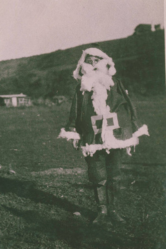 Basil McKinley as Santa Claus dressed for a Christmas play in Santa Monica Canyon, Calif