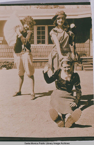 Young women playing in front of the dining hall at the Institute Camp in Temescal Canyon, Calif