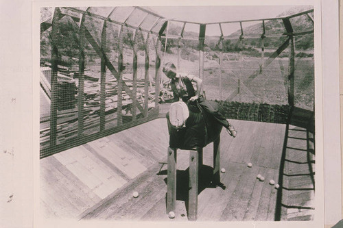 Will Roger's daughter, Mary, in the polo practice cage at Will Rogers Ranch in Rustic Canyon, Calif