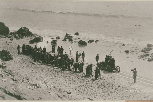 A dolly shot being set up on the set of the movie "Evangeline," on the beach near Castle Rock, Calif