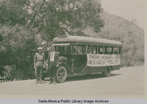 Pacific Palisades Association Bus with a banner "Palisades Pageant, Triumph of Peace, July 9," Temescal Canyon, Calif