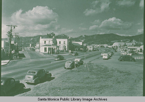 View of downtown Pacific Palisades with Security First National Bank and the Palisades Business Block between Antioch and Sunset Blvd