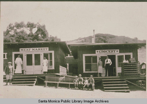 Original meat store and grocery market in Pacific Palisades with merchants and shoppers out front