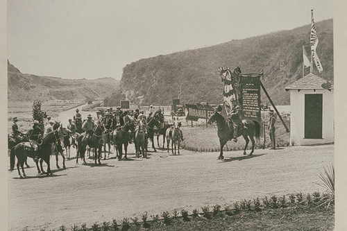 Uplifters and other equestrians gather for the opening of Miramar Estates on Sunset Blvd., a subdivision in Los Liones Canyon, Calif