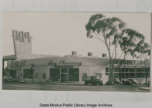 Bay Theatre with marquis advertising John Wayne in "The Fighting Kentuckian," Sunset Blvd., Pacific Palisades, Calif