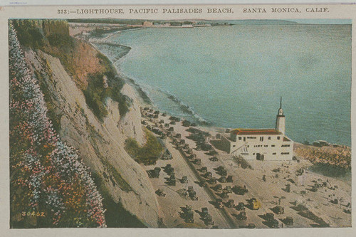 The lighthouse and the beach looking from the bluffs of the Palisades