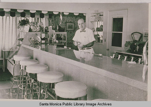 Soda jerk behind the counter in a restaurant on Sunset Blvd. in Pacific Palisades, Calif