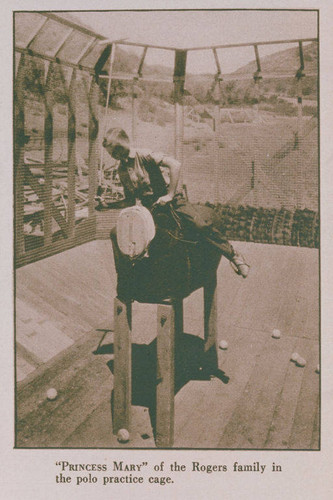 Mary Rogers in the polo practice cage on Will Rogers Ranch, appearing in an article for "Pictorial California Magazine."