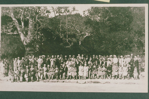 Group portrait in front of the library at the Assembly Camp in Temescal Canyon, Calif