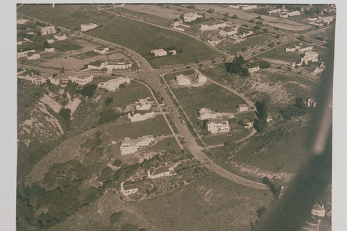 Aerial view of subdivisions at the intersection of Radcliffe Avenue and Haverford Avenue in Pacific Palisades, Calif