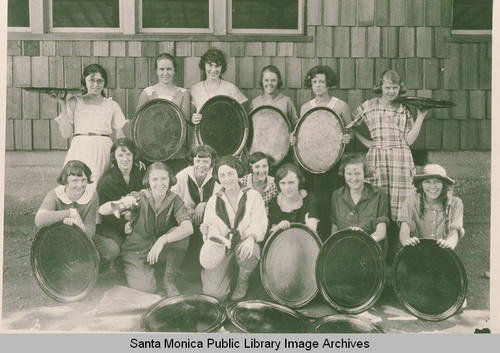 Waitresses in front of the Institute Camp dining hall, Temescal Canyon, Calif