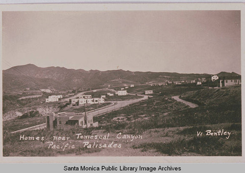 Looking down Radcliffe toward the Santa Monica Mountains, facing north, showing early construction of bungalows in Pacific Palisades, Calif