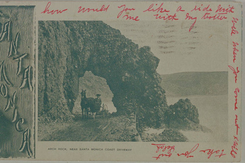 A man with a horse and buggy in front of Arch Rock just south of Topanga Canyon, Calif