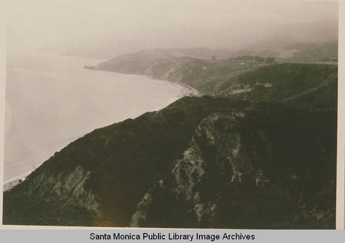 View of the coast looking north toward Las Pulgas Canyon and the location of Bernheimer Gardens, Pacific Palisades, Calif