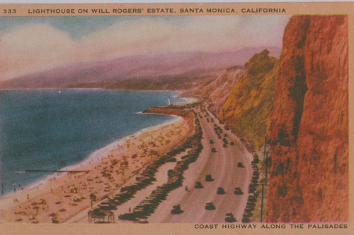 Pacific Coast Highway and the lighthouse from the bluffs of Pacific Palisades at sunset