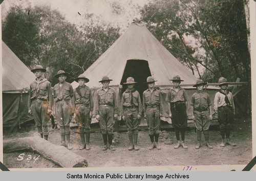 Boy Scouts in front of tent at Institute Camp in Temescal Canyon