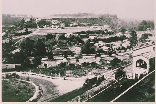 View of Santa Monica Canyon with houses below Adelaide Drive