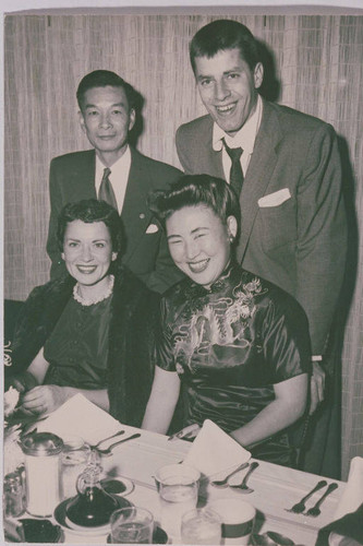 Comedian Jerry Lewis with Chamber of Commerce members at the House of Lee Restaurant (including owner Ah Wing Young and his wife Kay) celebrating his induction as Honorary Mayor of Pacific Palisades, Calif