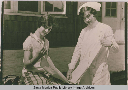 Young girl with a nurse, Temescal Canyon, Pacific Palisades, Calif