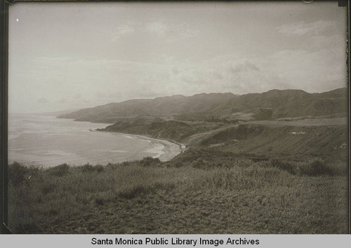 View from the Palisades looking toward Malibu showing Inceville, the famed motion picture studio founded by Thomas Ince