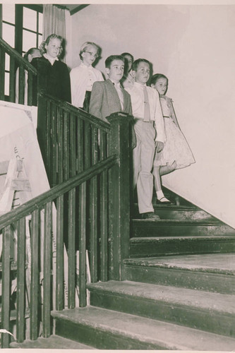 Children on a stairway in the Pacific Palisades Methodist Church