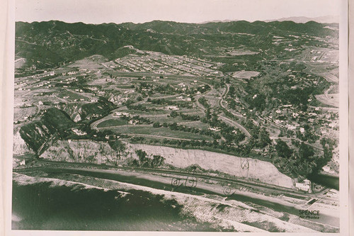 Aerial of Santa Monica Canyon and the Huntington Palisades looking toward the Santa Monica Mountains