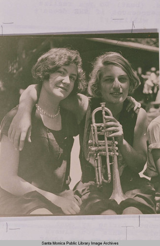 Two young women and a trumpet, Temescal Canyon, Pacific Palisades, Calif