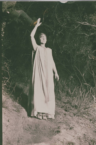 Mrs. Booth in the middle of a performance in Temescal Canyon, Calif