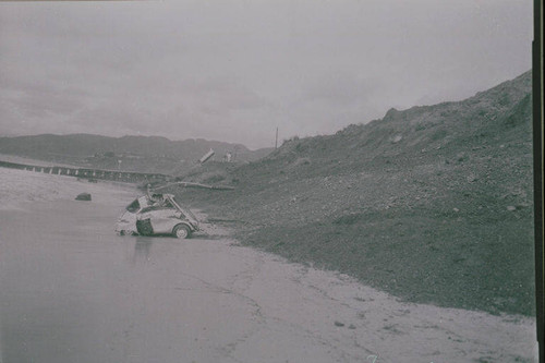 Scene of a BMW Roadster accident caused by a landslide on Pacific Coast Highway