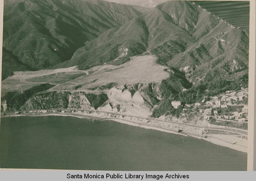 Aerial view of coastline at Pacific Coast Highway and Parker Mesa, Pacific Palisades, Calif., February 15, 1959