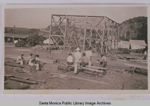 Construction workers are building a maintenance and storage barn at the Assembly Camp in Temescal Canyon, Pacific Palisades, Calif