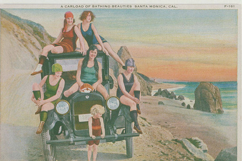 Carload of bathing beauties by Castle Rock near Santa Monica, Calif